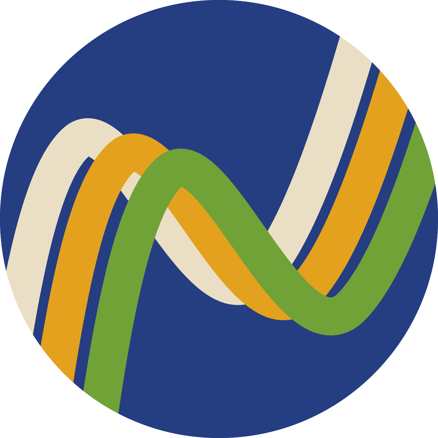 A circular icon with a deep blue background featuring three curved, overlapping wavy lines in cream, yellow, and green. The lines flow from the upper right to the lower left, creating a sense of motion and harmony. The design is minimalistic, using bold colors and simple shapes.